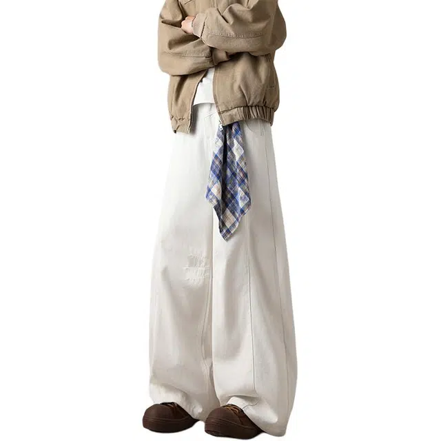 佐菲利 春秋季美式高街纯色可拆卸方巾设计弯刀牛仔裤 男女同款