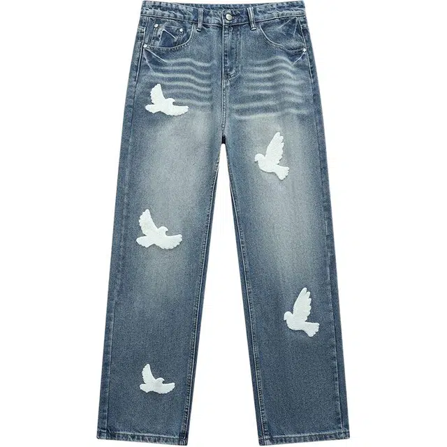 潮人榜 美式潮牌和平鸽毛巾刺绣设计感百搭中腰高街氛围感长裤男宽松直筒牛仔裤 男款