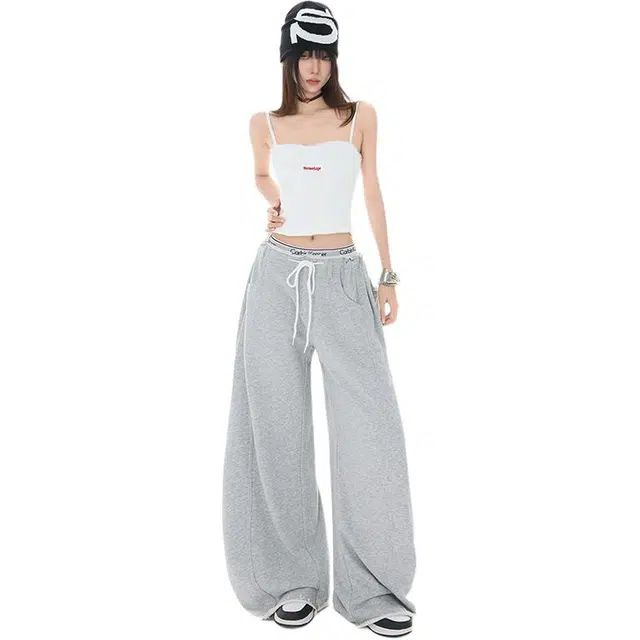 拾籍 设计感小众抽绳高腰宽松拖地阔腿裤女百搭垂感显瘦长裤慵懒遛弯休闲裤 女款