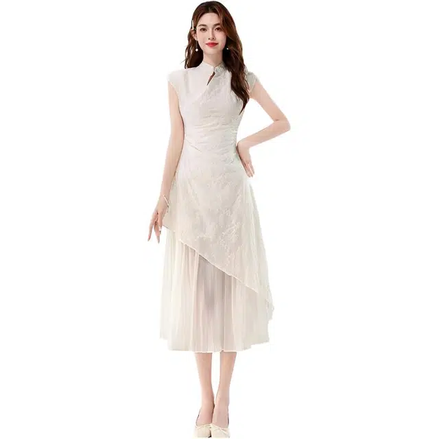 沐晓欣 夏季新中式改良旗袍不规则设计感收腰显瘦长款裙短袖连衣裙 女款