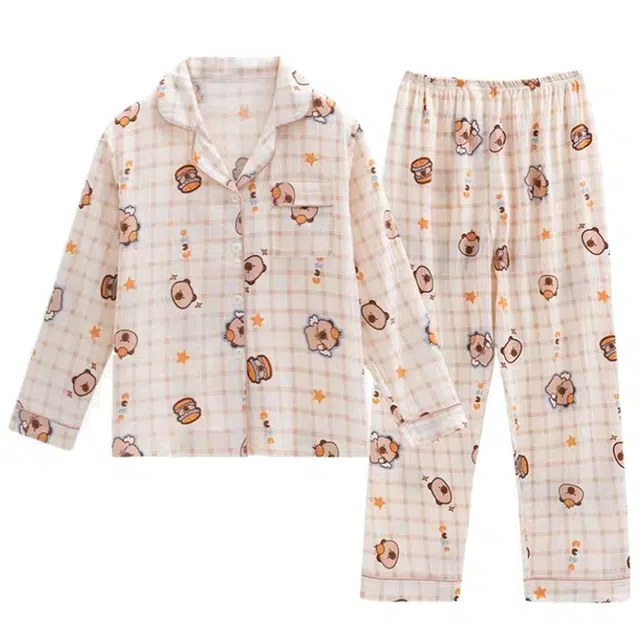 俏韵 翻领卡通卡皮巴拉春秋季云朵棉舒适长袖长裤甜美可爱薄款家居服可外穿睡衣套装 女款