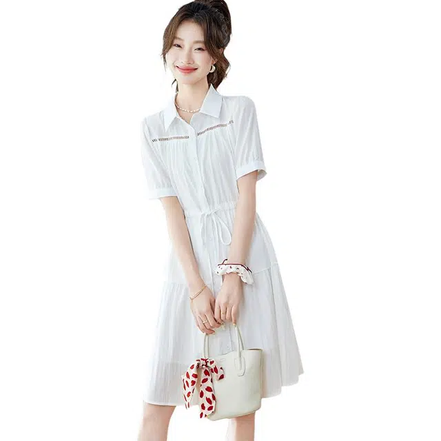 笔杏 法式翻领衬衫式小清新日常通勤纯色百搭短袖连衣裙 女款