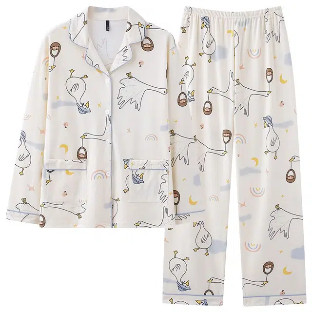 俏韵 翻领卡通鸭子春秋季简约长袖长裤甜美可爱薄款家居服可外穿睡衣套装 女款