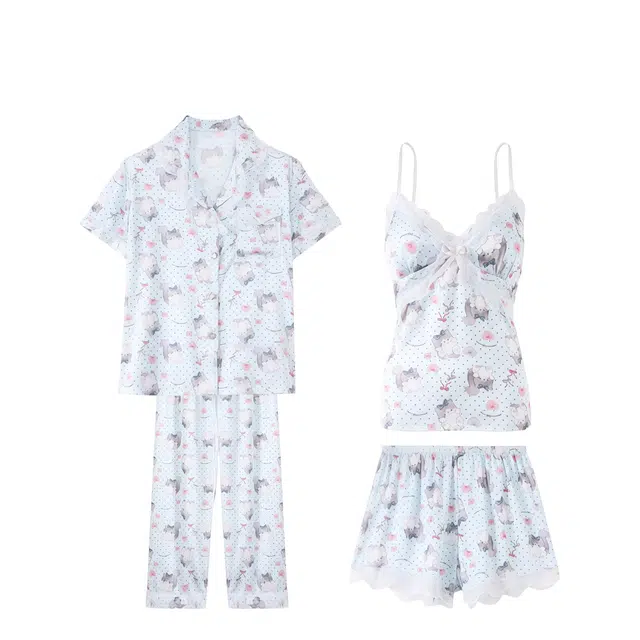 俏韵 翻领蕾丝带胸垫家居服可外穿睡衣套装 女款 蓝色