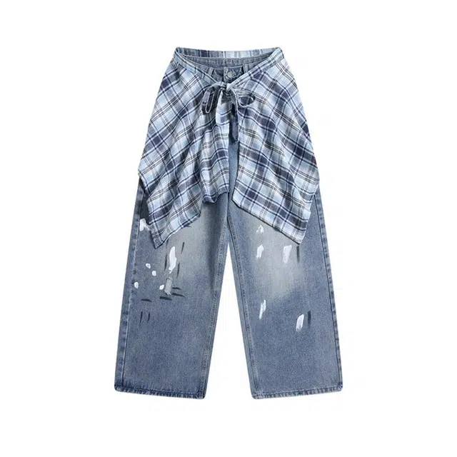 柏黛妃 美式街头创意水洗做旧设计宽松垂感长裤牛仔裤 女款