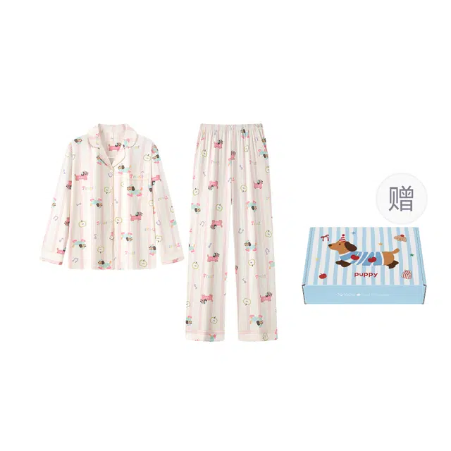 宫蝶 柔软棉质抗菌长袖卡通家居服可外穿休闲宽松可爱舒适开衫睡衣套装 女款 礼盒装