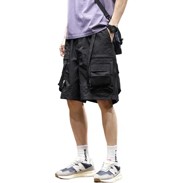 协协乐 设计感大口袋夏季冰丝凉感透气美式高街宽松直筒城市机能风百搭运动五分中裤工装短裤 男款