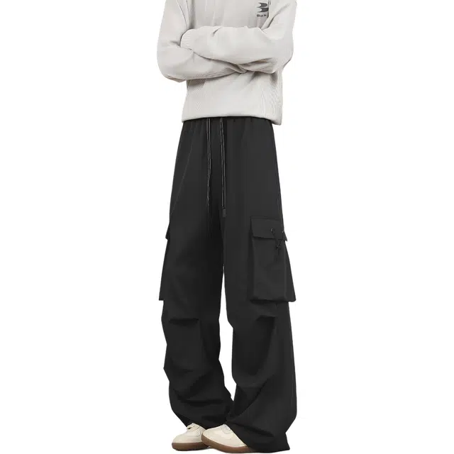 中国航天 美式高街冰丝凉感速干基础款纯色宽松休闲垂感直筒山系户外机能风降落伞兵裤简约运动潮流百搭系带多口袋工装裤 男女同款