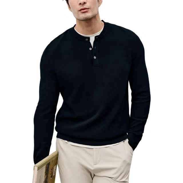丹宁哲学 高支长绒棉珠地纹理亨利领纯色常规长袖直筒型套头针织衫 男款