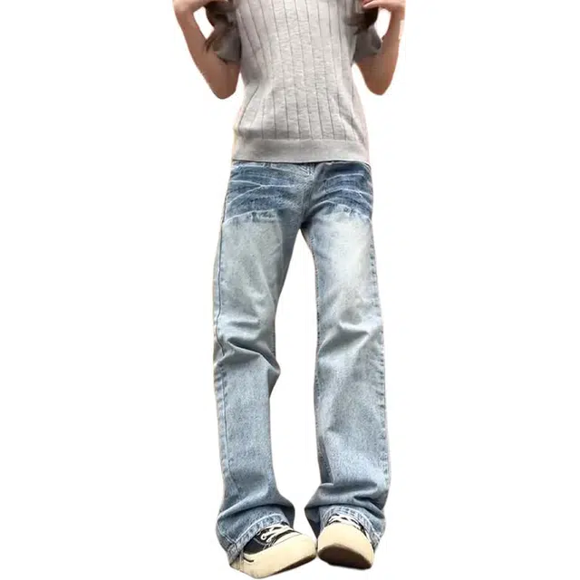 黑马漫画 美式复古薄款直筒微喇高腰牛仔裤裤 男女同款