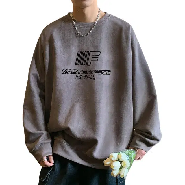 棉基因 美式高街字母印花麂皮绒圆领宽松简约休闲百搭卫衣 男女同款 五色可选