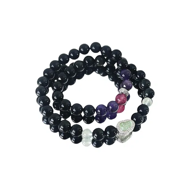 子婳 「福禄双全」原创五行双圈紫水晶葡萄水木火招财转运珠 黑曜石 手串 女款