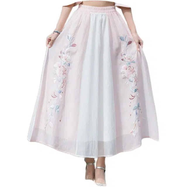 沐晓欣 实拍新中式闺蜜装国风改良雪纺刺绣民族风半身裙拼接复古中长裙 女款