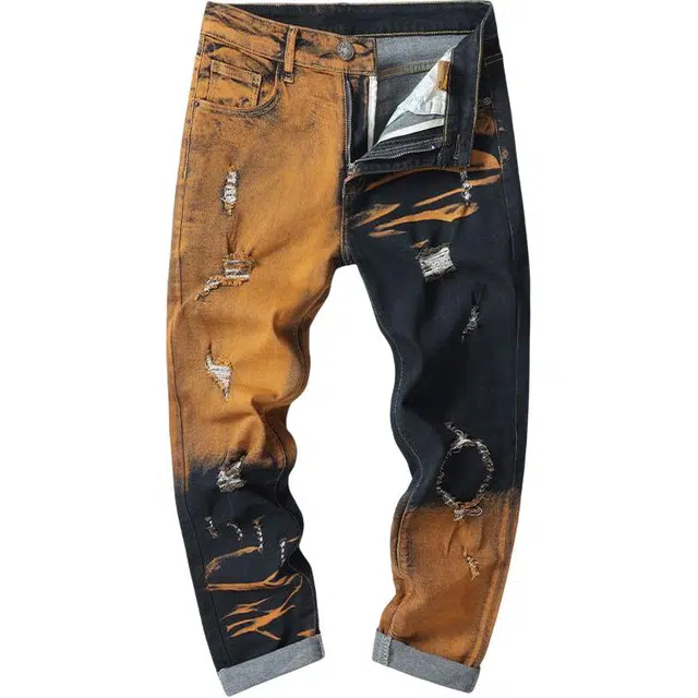 洞洞拐 美式潮流直筒长裤个性多口袋大码裤子复古怀旧牛仔裤 男女同款