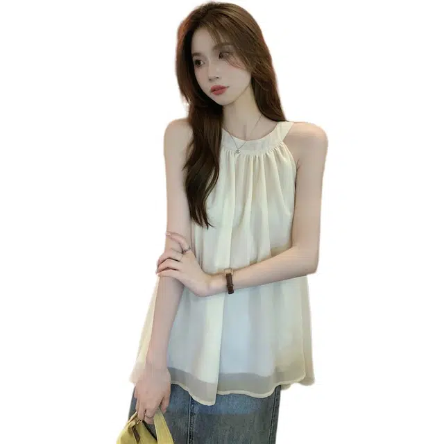 水中花 度假风复古气质压褶无袖韩版纯色百搭显瘦背心 女款