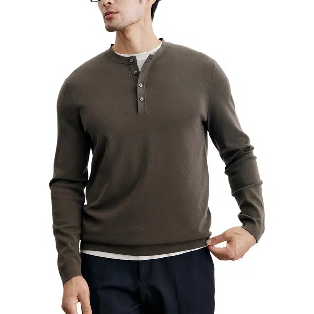 丹宁哲学 轻量保暖亨利领纯色常规长袖宽松型套头针织衫 男款