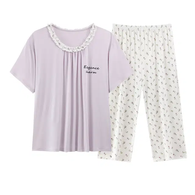 顶瓜瓜 莫代尔短袖七分裤圆领套头花边碎花凉感休闲两件套家居服夏季睡衣套装 女款