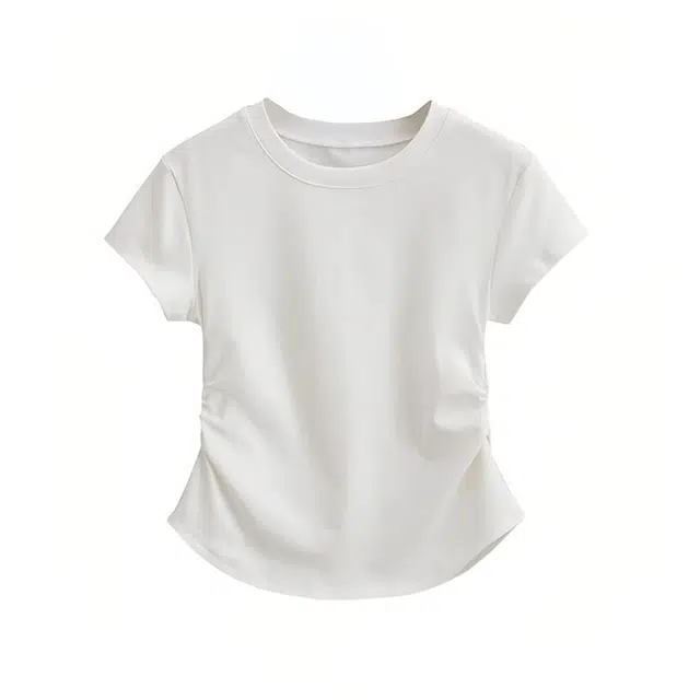 都市丽人 美式正肩小圆领螺纹纯色百搭基础款修身通勤辣妹风弹力上衣短袖打底衣 女款