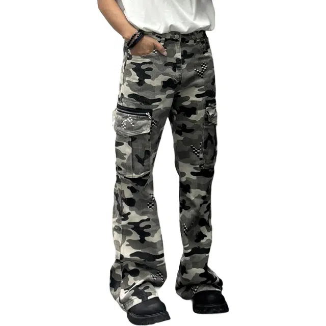 冈哉 水洗撞色迷彩做旧多口袋拼接设计美式高街直筒阔腿裤痞帅时尚百搭潮流舒适小众工装休闲裤 男女同款