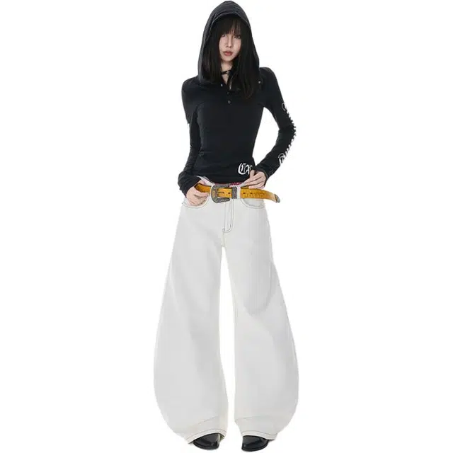 拾籍 美式复古高腰显瘦阔腿设计长裤女早秋宽松百搭休闲拖地牛仔裤 女款