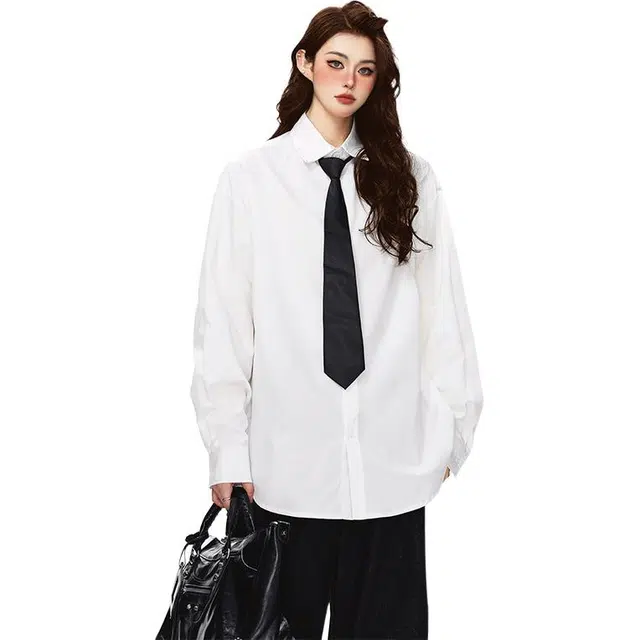 佐菲利 秋季百搭纯色学院风通勤风翻领正肩衬衫 男女同款