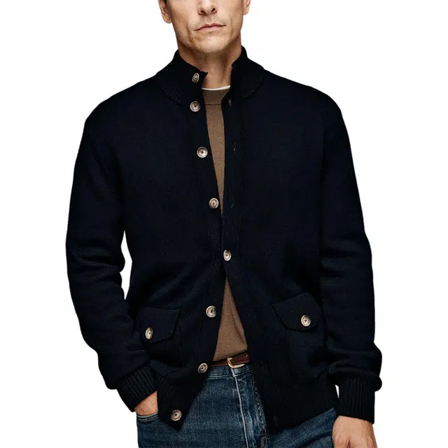 丹宁哲学 轻量保暖立领纯色常规长袖修身型开衫针织衫 男款