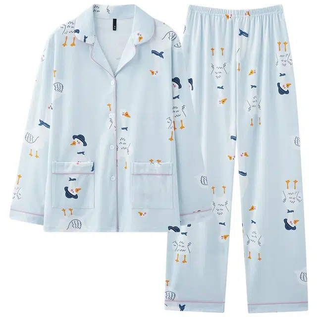 俏韵 翻领卡通春秋季舒适长袖长裤甜美可爱薄款家居服可外穿睡衣套装 女款