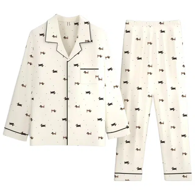 俏韵 翻领卡通腊肠狗春秋季云朵棉舒适长袖长裤甜美可爱薄款家居服可外穿睡衣套装 女款