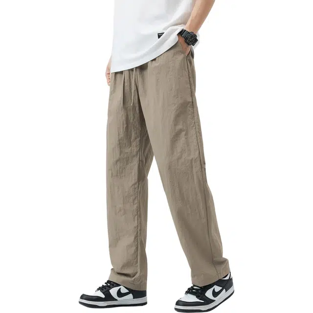 瑞梵帝斯 美式高街纯色系带简约卫裤宽松阔腿高级垂感直筒显高百搭拖地针织冰丝速干运动裤男生休闲裤 男款