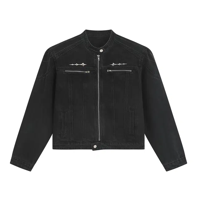 唐启 美式短款牛仔外套高级感痞帅发型师潮牌男装垫肩立领夹克 男女同款