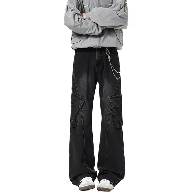 佐菲利 美式工装微喇牛仔裤夏季水洗做旧复古潮流大口袋宽松直筒裤子休闲裤 男女同款