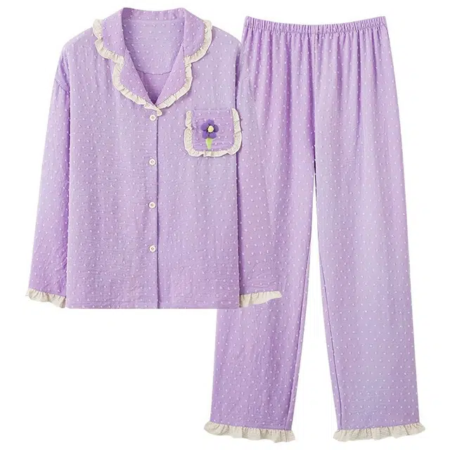 俏韵 翻领春秋季简约长袖甜美印花可爱薄款家居服可外穿睡衣套装 女款