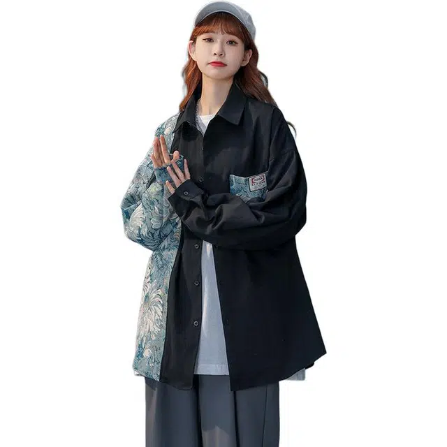 加荣 国潮中性风花型拼接垂感口袋衬衣男秋季轻薄透气大码青少年户外出行百搭小众设计感情侣长袖衬衫 男女同款