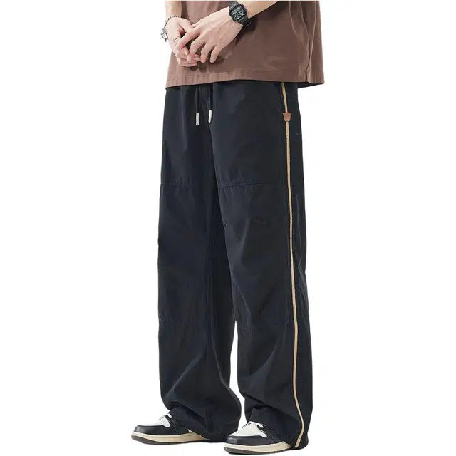 潮人榜 美式高街高质感条纹设计感潮牌夏季宽松阔腿垂感直筒长裤子工装休闲裤 男款