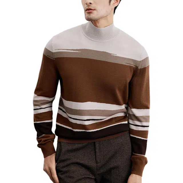 丹宁哲学 单层嵌花可机洗纯羊毛条纹常规长袖不可翻高领宽松型针织衫 男款