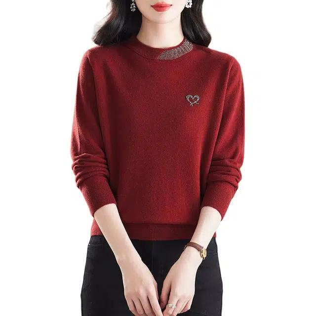 恒源祥 简约时尚百搭圆领纯色烫钻套头打底羊毛针织衫 女款