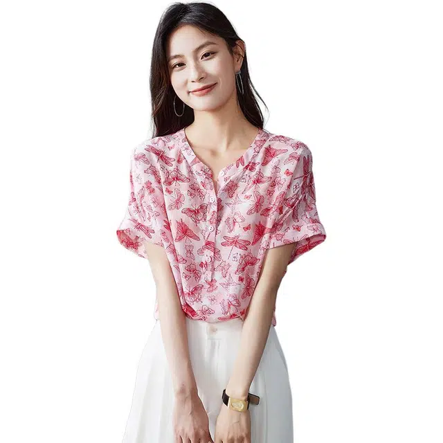 沐晓欣 夏季时尚印花短袖上衣休闲宽松衬衫 女款