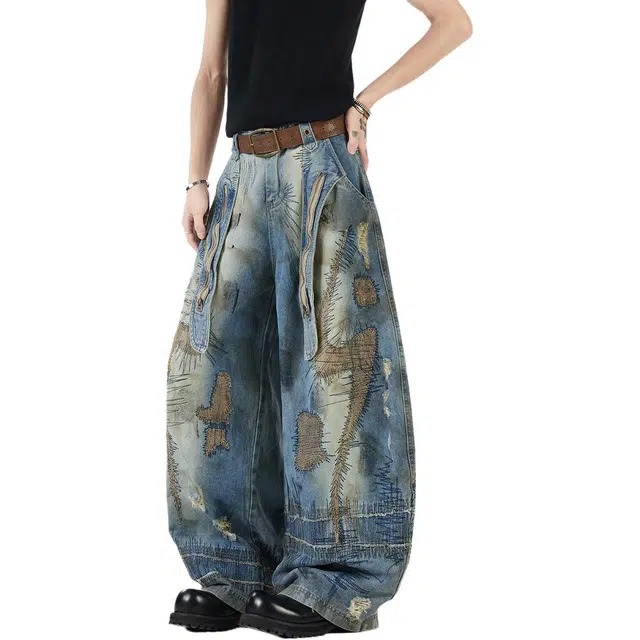 太子龍 美式复古破洞弯刀宽松直筒牛仔裤 男女同款