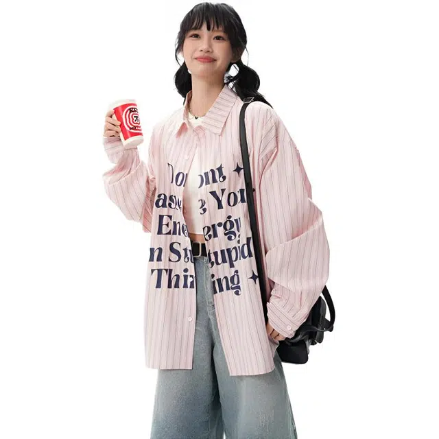 左岸 夏季美式复古风休闲百搭时尚潮流个性字母条纹日常通勤户外活动宽松舒适透气吸汗冰爽帅气潮牌长袖衬衫 男女同款