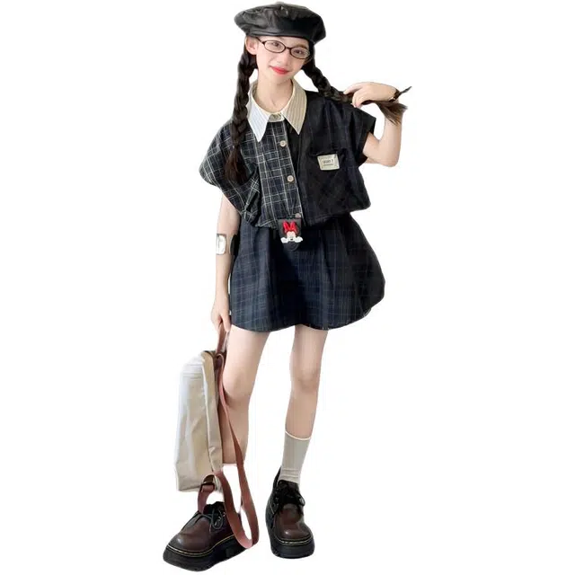 天才小熊休闲运动套装 女童夏季衬衫大童潮牌小孩衣服 小女孩短袖洋气时髦 漂亮 甜美