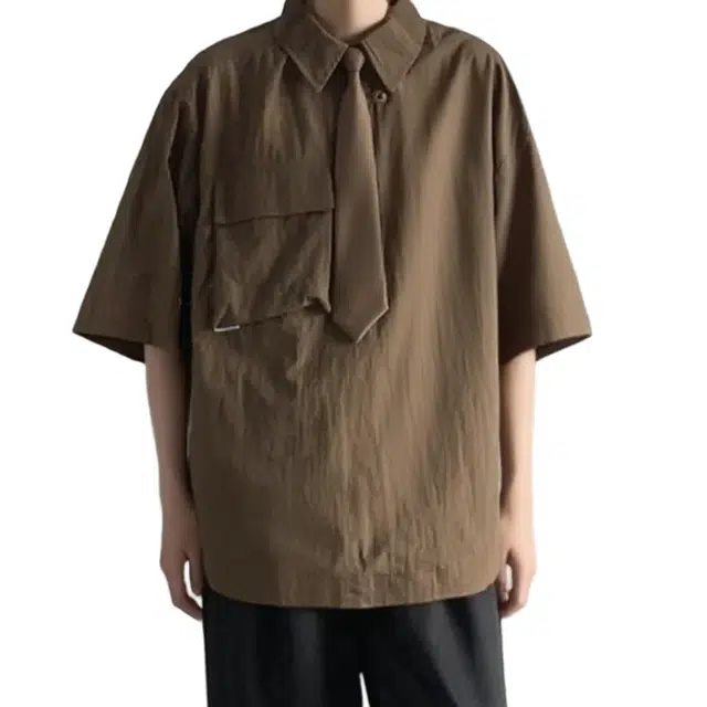 冈哉 港风复古贴袋纯色翻领套头大口袋拼接抽绳设计美式宽松休闲日常通勤百搭短袖衬衫 男女同款