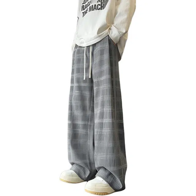 哲源 美式高街复古风长裤扎染格子抽绳系带设计感阔腿裤潮牌百搭宽松舒适柔然亲肤显高显瘦慵懒感直筒休闲裤 男女同款