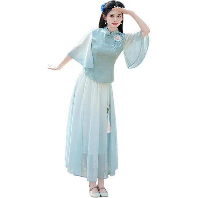 沐晓欣 实拍新中式古典气质汉服女装改良协襟刺绣盘扣上衣半身裙套装 女款