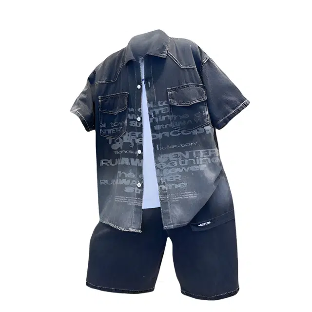 俞兆林休闲运动套装 男童夏装牛仔男孩中大儿童夏季短袖洋气痞帅气时髦