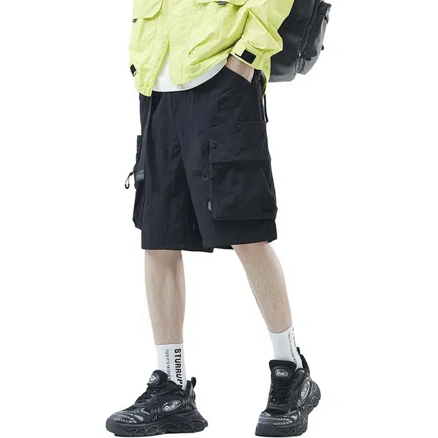 协协乐 夏季薄款冰丝凉感透气多口袋拼接设计感五分裤美式潮牌宽松运动休闲中裤工装短裤 男款