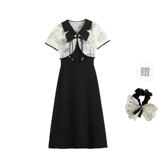 涂诗菲 大码新中式国风遮肉显瘦撞色短袖开衫纯色高级感百搭连衣裙两件套裙装套装 女款