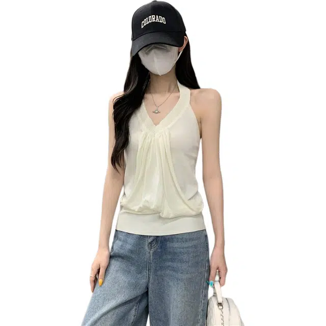 水中花 堆叠感无袖挂脖上衣背心女夏外穿吊带 女款