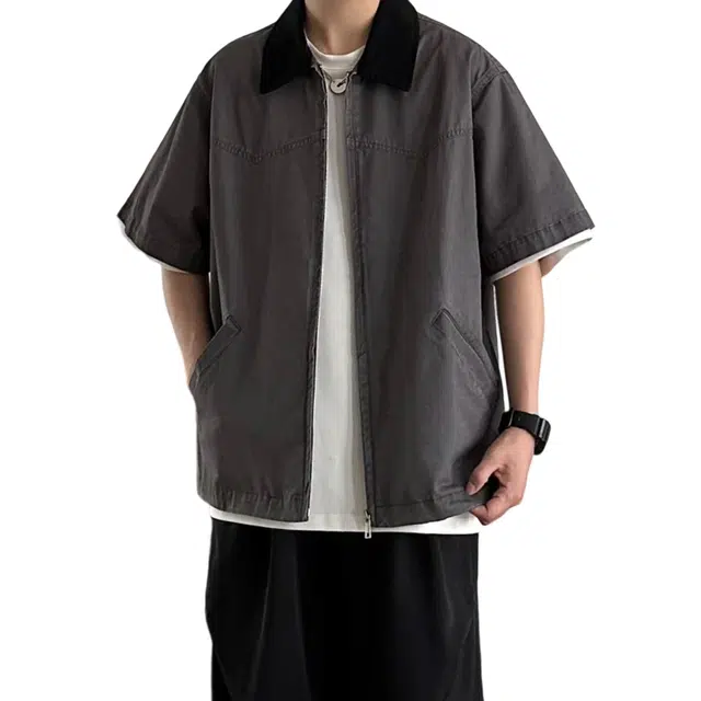 冈哉 明线装饰解构拼接撞色领口工装设计美式复古哈灵顿牛仔外套宽松休闲舒适百搭短袖衬衫 男女同款