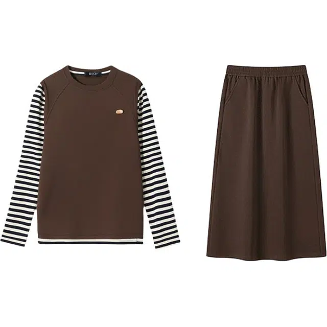 潞优野 假两件长袖条纹拼色早秋气质通勤穿搭一整套裙装套装 女款