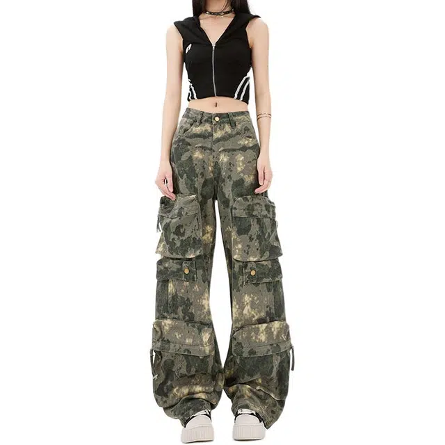 如续 如续美式复古重工迷彩宽松多口袋设计感阔腿工装裤潮牛仔裤 女款